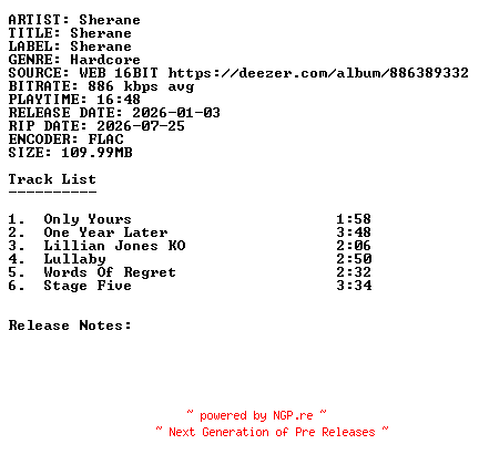 NFO for the release Sherane-Sherane-16BIT-WEB-FLAC-2026-SDR by SDR