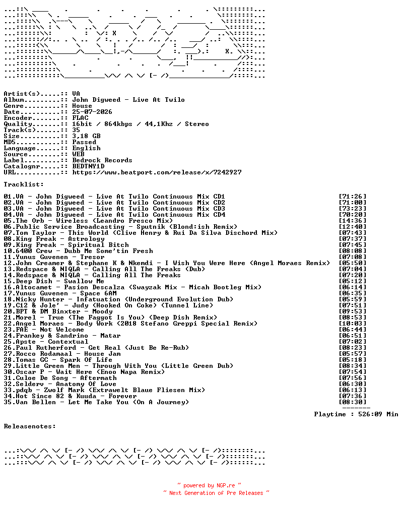NFO for the release VA-John_Digweed__Live_At_Twilo-BEDTNY1D-16BIT-WEB-FLAC-2026-WAVED by WAVED