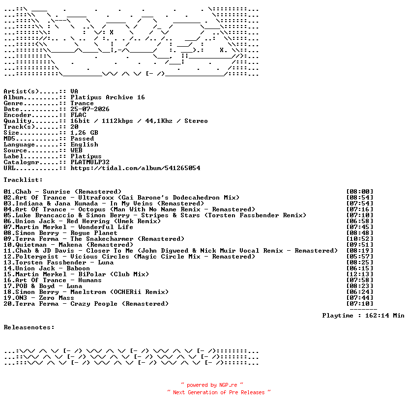 NFO for the release VA-Platipus_Archive_16-PLATMULP32-16BIT-WEB-FLAC-2026-WAVED by WAVED
