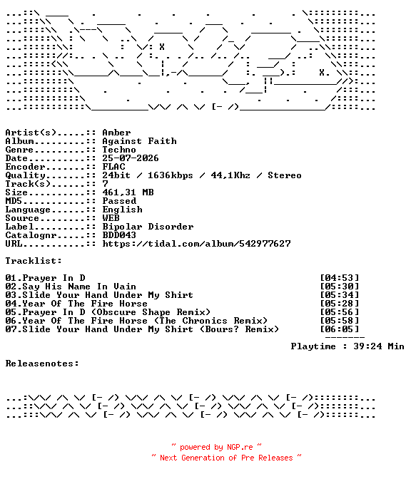 NFO for the release Amber-Against_Faith-BDD043-24BIT-WEB-FLAC-2026-WAVED by WAVED