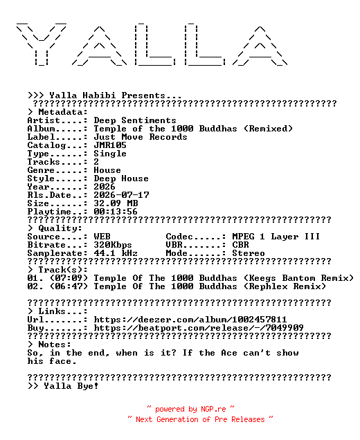 NFO for the release Deep_Sentiments--Temple_of_the_1000_Buddhas_(Remixed)-(JMR105)-WEB-2026-YALLA by YALLA