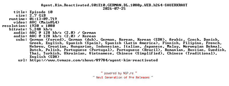 NFO for the release Agent.Kim.Reactivated.S01E10.GERMAN.DL.1080p.WEB.h264-SAUERKRAUT by SAUERKRAUT
