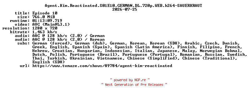NFO for the release Agent.Kim.Reactivated.S01E10.GERMAN.DL.720p.WEB.h264-SAUERKRAUT by SAUERKRAUT