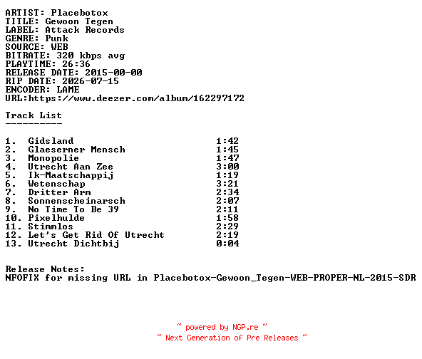 NFO for the release Placebotox-Gewoon_Tegen-WEB-PROPER-NFOFIX-NL-2015-SDR by SDR