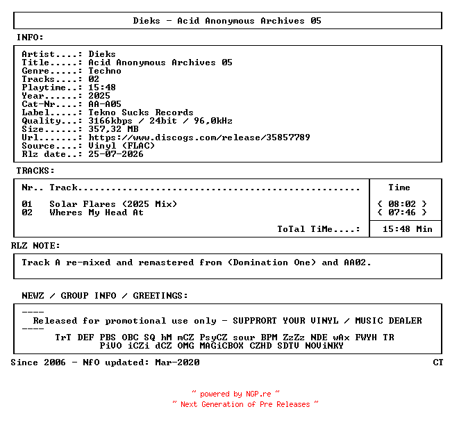 NFO for the release Dieks-Acid_Anonymous_Archives_05-(AA-A05)-VINYL-FLAC-2025-CT by CT