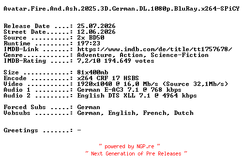NFO for the release Avatar.Fire.And.Ash.2025.3D.German.DL.1080p.BluRay.x264-SPiCY by SPiCY