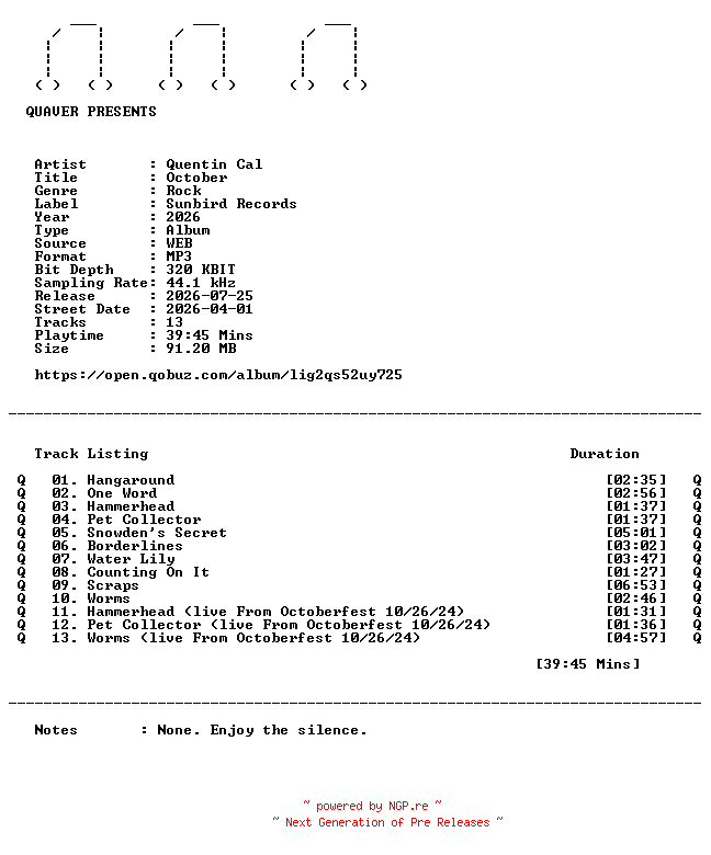NFO for the release Quentin_Cal-October-WEB-2026-QUAVER by QUAVER