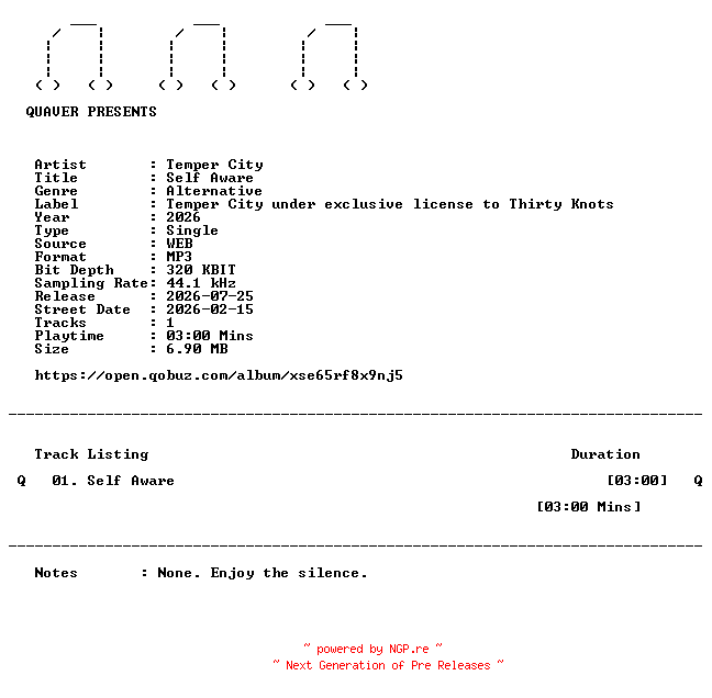 NFO for the release Temper_City-Self_Aware-SINGLE-WEB-2026-QUAVER by QUAVER