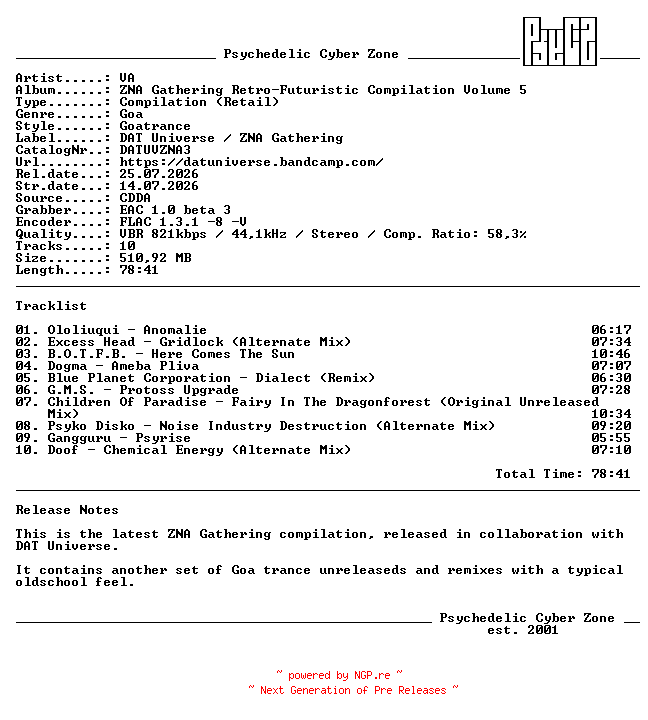 NFO for the release VA-ZNA_Gathering_Retro-Futuristic_Compilation_Volume_5-CD-FLAC-2026-PsyCZ by PsyCZ