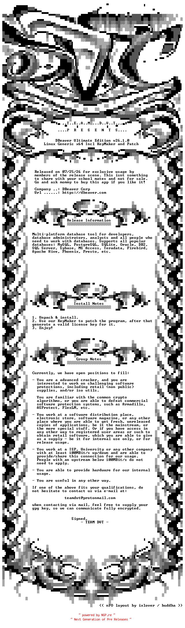 NFO for the release DBeaver.Ultimate.Edition.v26.1.0.Linux.Generic.x64.Incl.KeyMaker.and.Patch-DVT by DVT