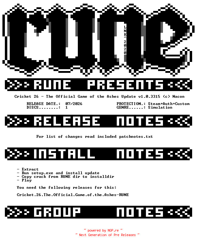 NFO for the release Cricket.26.The.Official.Game.of.the.Ashes.Update.v1.0.3315-RUNE by RUNE