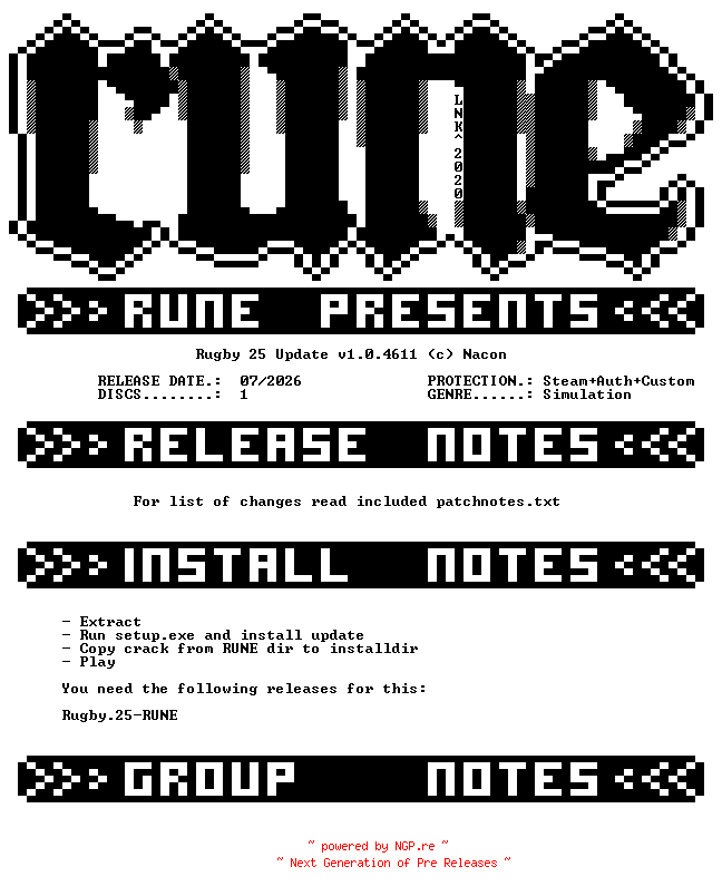 NFO for the release Rugby.25.Update.v1.0.4611-RUNE by RUNE