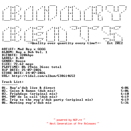 NFO for the release Mad_Rey_x_GGGG-Rug_A_Dub_Vol._1-WEB-2026-BB by BB