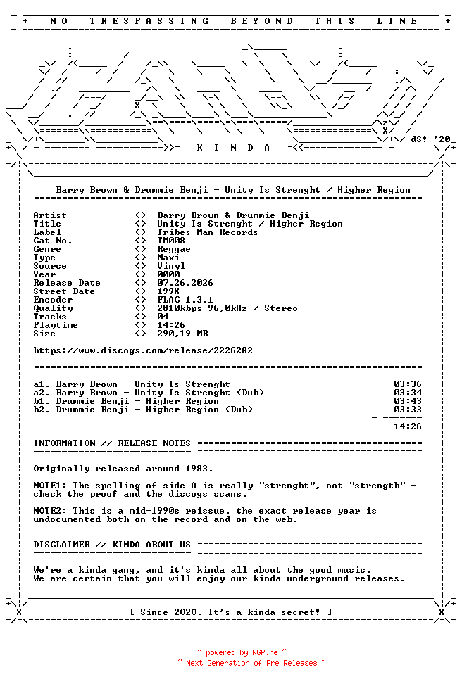 NFO for the release Barry_Brown_and_Drummie_Benji-Unity_Is_Strenght__Higher_Region-(TM008)-REISSUE-12INCH_VINYL-FLAC-199X-KINDA by KINDA