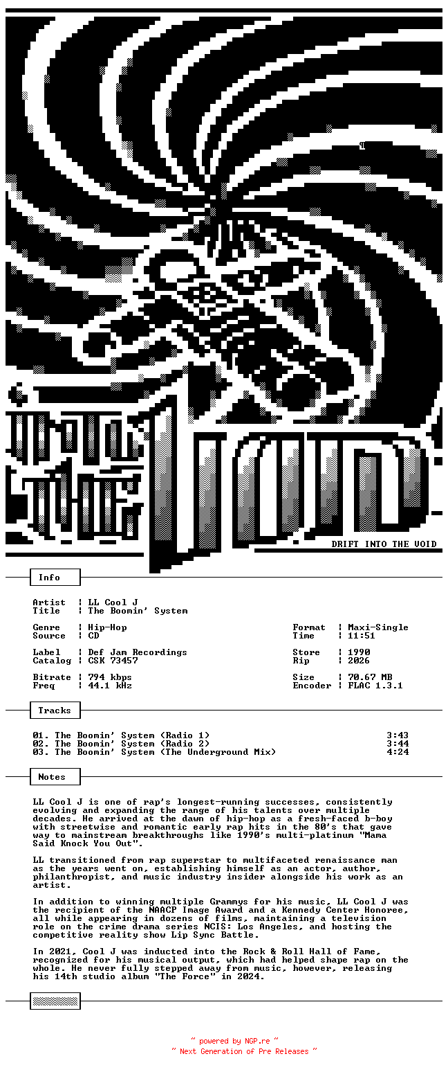 NFO for the release LL_Cool_J-The_Boomin_System-Promo-CDM-FLAC-1990-THEVOiD by THEVOiD