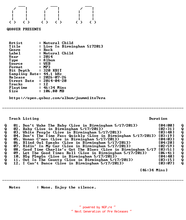 NFO for the release Natural_Child-Live_In_Birmingham_5172013-WEB-2014-QUAVER by QUAVER