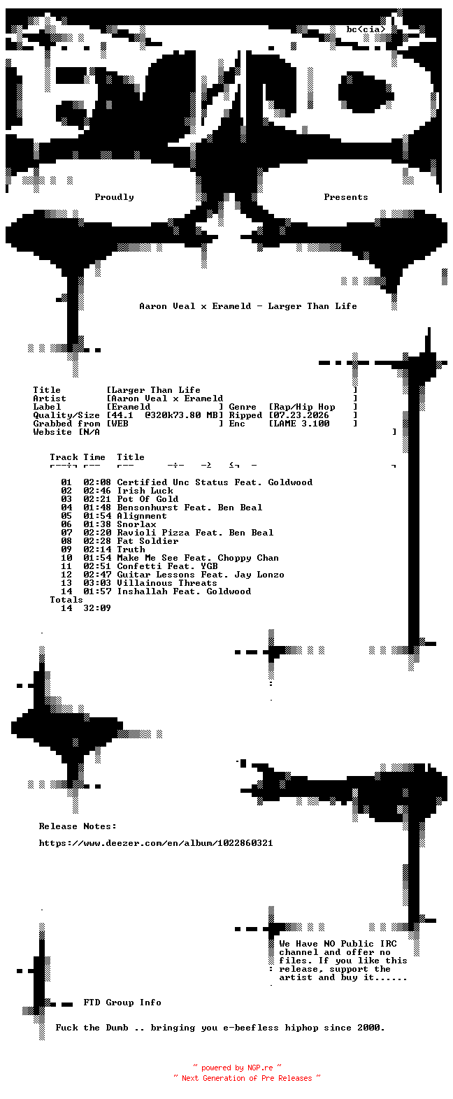NFO for the release Aaron_Veal_x_Erameld-Larger_Than_Life-WEB-2026-FTD by FTD