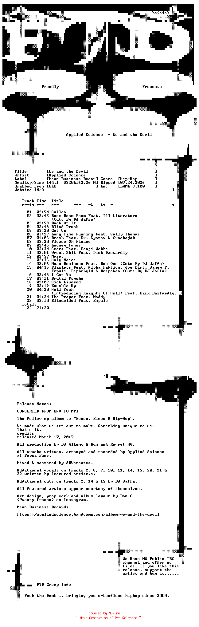 NFO for the release Applied_Science-We_and_the_Devil-WEB-2017-FTD by FTD