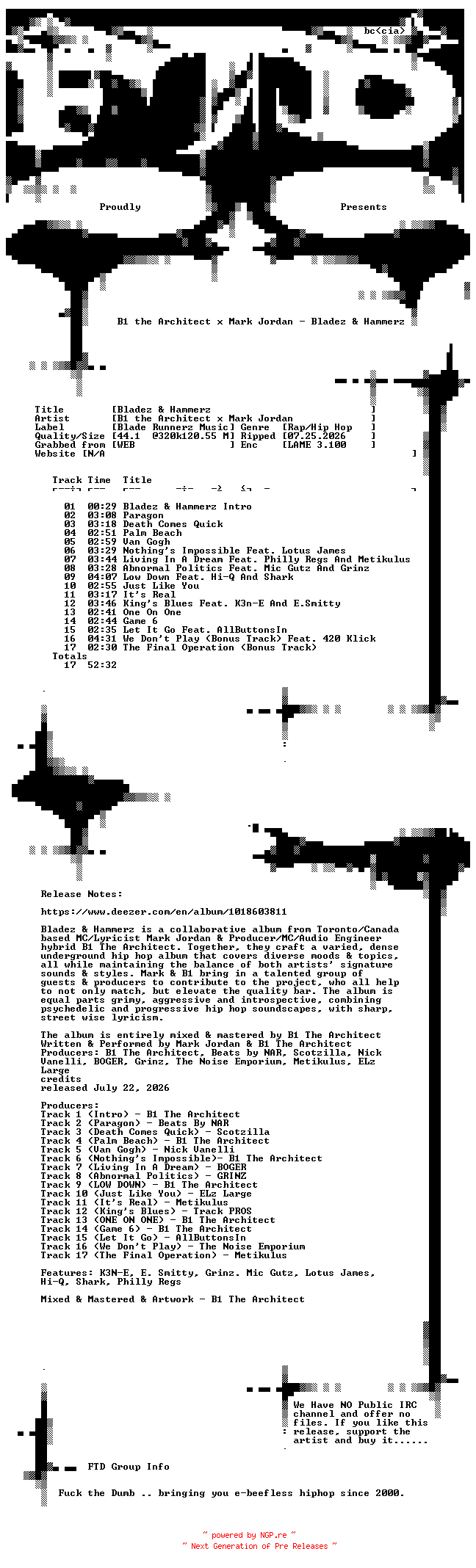 NFO for the release B1_the_Architect_x_Mark_Jordan-Bladez_and_Hammerz-WEB-2026-FTD by FTD