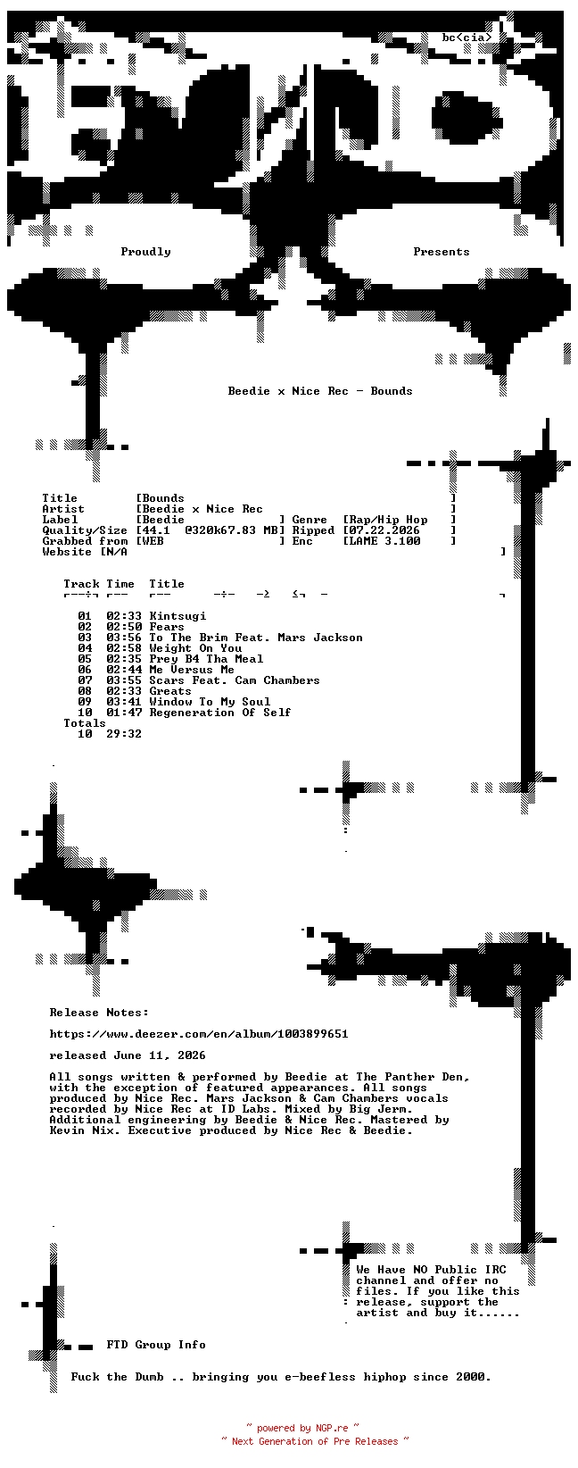 NFO for the release Beedie_x_Nice_Rec-Bounds-WEB-2026-FTD by FTD