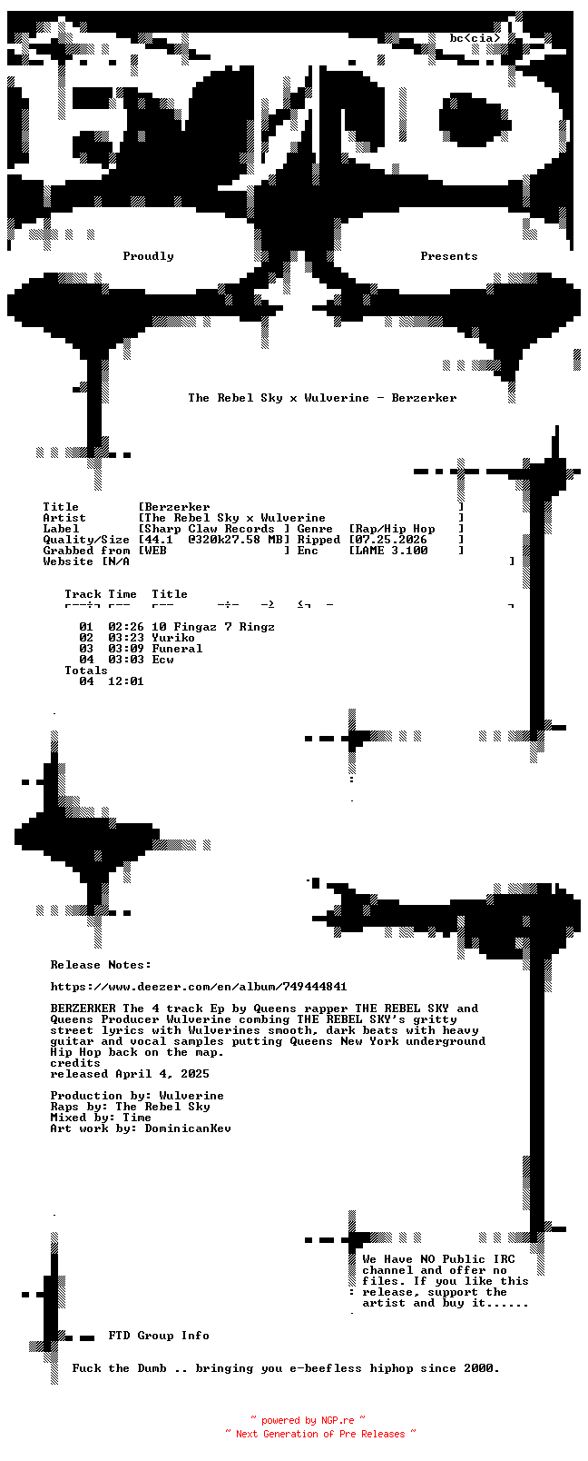 NFO for the release The_Rebel_Sky_x_Wulverine-Berzerker-EP-WEB-2025-FTD by FTD