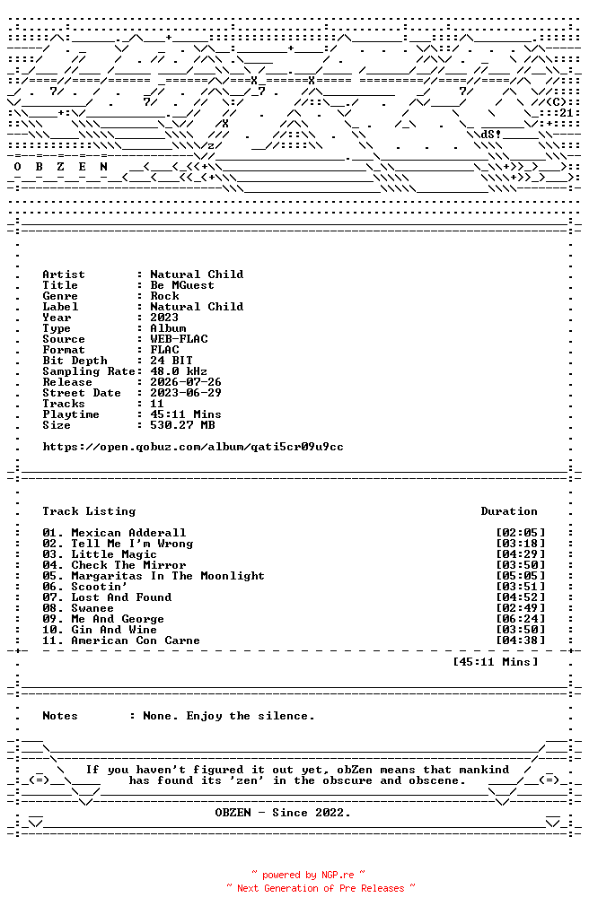 NFO for the release Natural_Child-Be_MGuest-24BIT-48KHZ-WEB-FLAC-2023-OBZEN by OBZEN