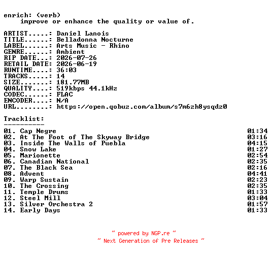 NFO for the release Daniel_Lanois-Belladonna_Nocturne-16BIT-WEB-FLAC-2026-ENRiCH by ENRiCH