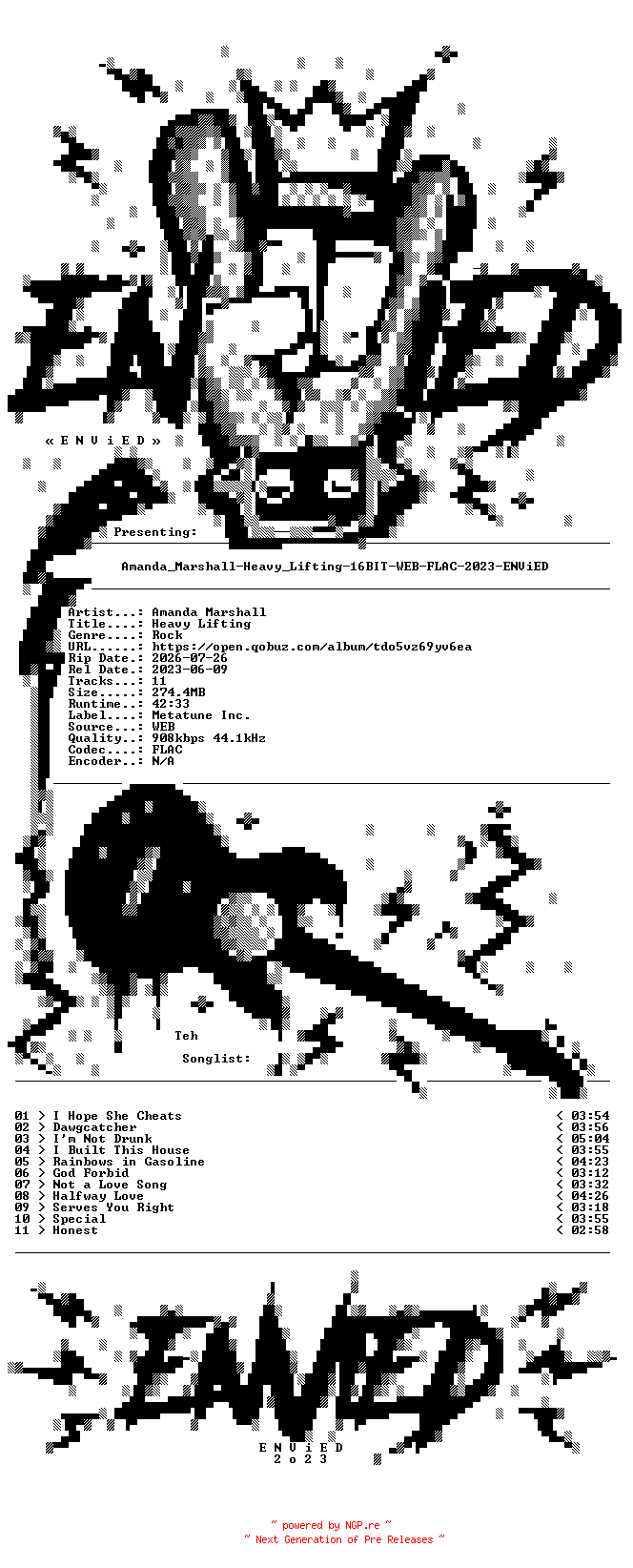 NFO for the release Amanda_Marshall-Heavy_Lifting-16BIT-WEB-FLAC-2023-ENViED by ENViED