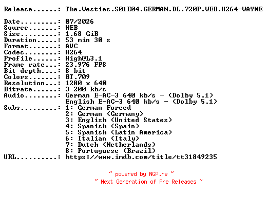 NFO for the release The.Westies.S01E04.GERMAN.DL.720P.WEB.H264-WAYNE by WAYNE