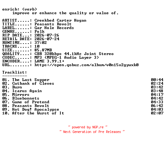 NFO for the release Creekbed_Carter_Hogan-Peasants_Revolt-WEB-2026-ENRiCH by ENRiCH