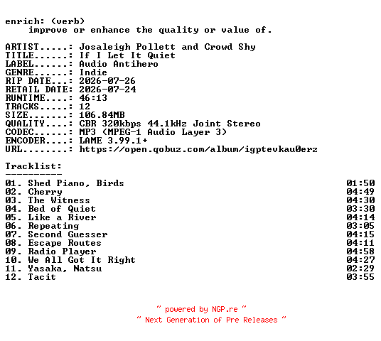 NFO for the release Josaleigh_Pollett_and_Crowd_Shy-If_I_Let_It_Quiet-WEB-2026-ENRiCH by ENRiCH