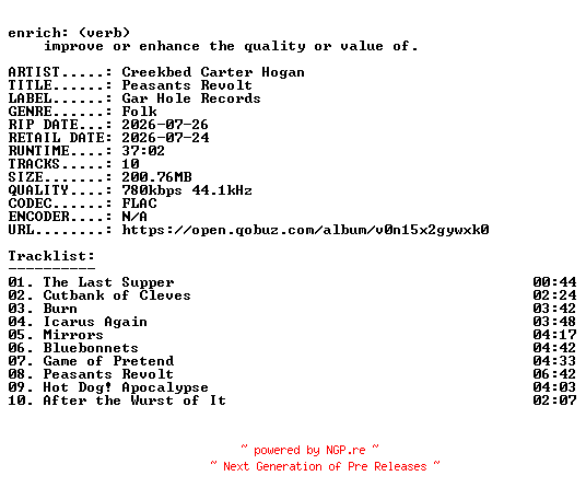 NFO for the release Creekbed_Carter_Hogan-Peasants_Revolt-16BIT-WEB-FLAC-2026-ENRiCH by ENRiCH
