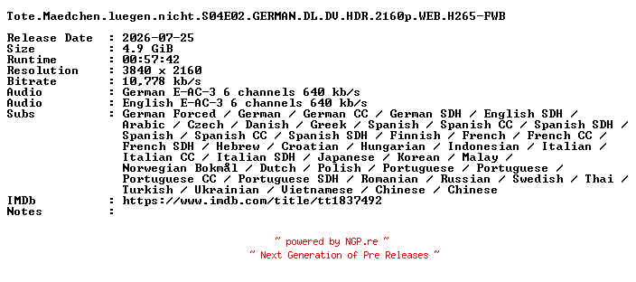 NFO for the release Tote.Maedchen.luegen.nicht.S04E02.GERMAN.DL.DV.HDR.2160p.WEB.H265-FWB by FWB