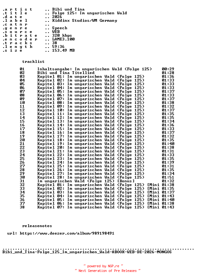NFO for the release Bibi_und_Tina-Folge_125_Im_ungarischen_Wald-ABOOK-WEB-DE-2026-MONGOS by MONGOS