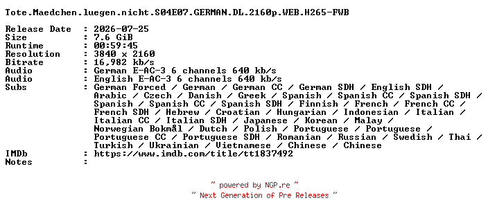 NFO for the release Tote.Maedchen.luegen.nicht.S04E07.GERMAN.DL.2160p.WEB.H265-FWB by FWB