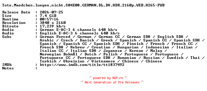 NFO for the release Tote.Maedchen.luegen.nicht.S04E08.GERMAN.DL.DV.HDR.2160p.WEB.H265-FWB by FWB