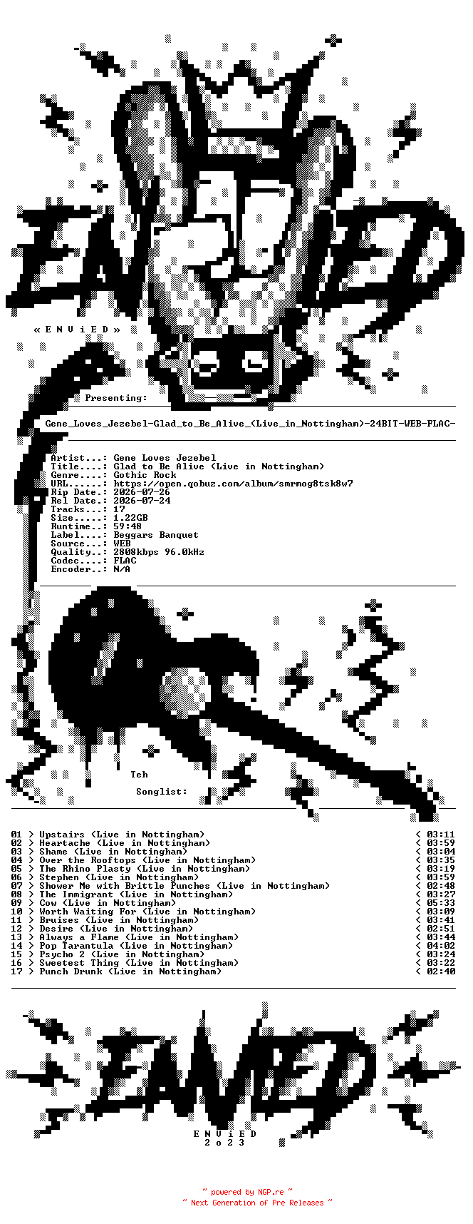 NFO for the release Gene_Loves_Jezebel-Glad_to_Be_Alive_(Live_in_Nottingham)-24BIT-WEB-FLAC-2026-ENViED by ENViED