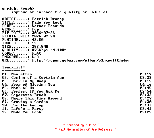 NFO for the release Patrick_Droney-Made_You_Look-16BIT-WEB-FLAC-2026-ENRiCH by ENRiCH