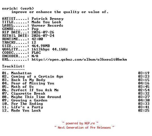 NFO for the release Patrick_Droney-Made_You_Look-24BIT-WEB-FLAC-2026-ENRiCH by ENRiCH