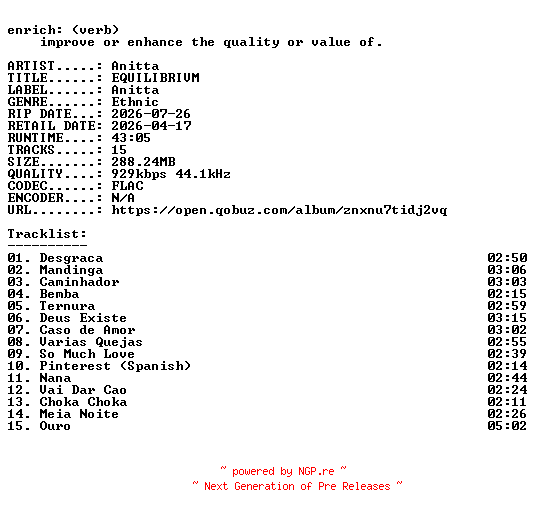 NFO for the release Anitta-EQUILIBRIVM-BR-16BIT-WEB-FLAC-2026-ENRiCH by ENRiCH