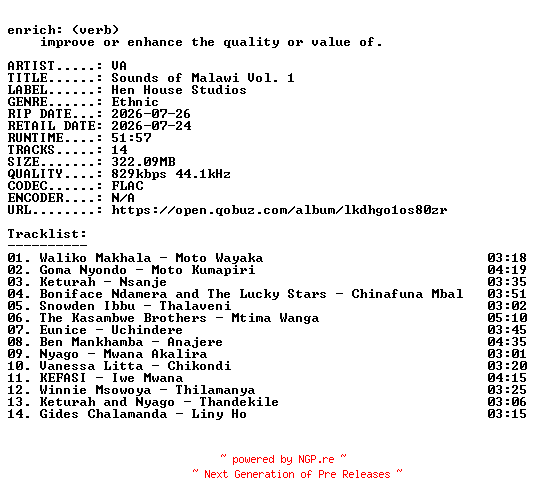 NFO for the release VA-Sounds_of_Malawi_Vol._1-16BIT-WEB-FLAC-2026-ENRiCH by ENRiCH