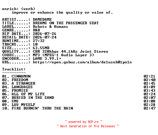 NFO for the release DAMEDAME-DREAMS_ON_THE_PASSENGER_SEAT-WEB-2026-ENRiCH by ENRiCH