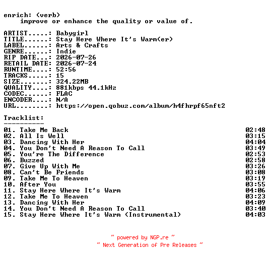NFO for the release Babygirl-Stay_Here_Where_Its_Warm(er)-16BIT-WEB-FLAC-2026-ENRiCH by ENRiCH