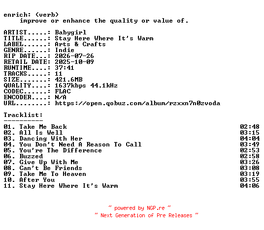 NFO for the release Babygirl-Stay_Here_Where_Its_Warm-24BIT-WEB-FLAC-2025-ENRiCH by ENRiCH