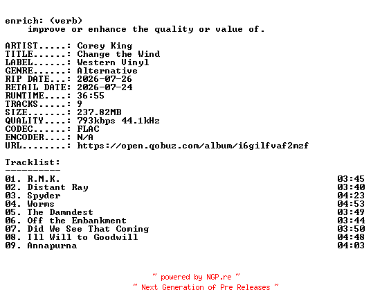 NFO for the release Corey_King-Change_the_Wind-16BIT-WEB-FLAC-2026-ENRiCH by ENRiCH