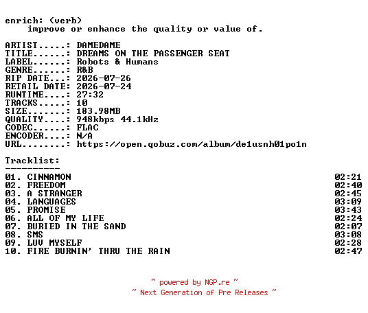 NFO for the release DAMEDAME-DREAMS_ON_THE_PASSENGER_SEAT-16BIT-WEB-FLAC-2026-ENRiCH by ENRiCH