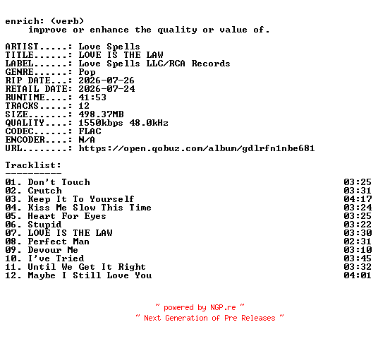 NFO for the release Love_Spells-LOVE_IS_THE_LAW-24BIT-WEB-FLAC-2026-ENRiCH by ENRiCH
