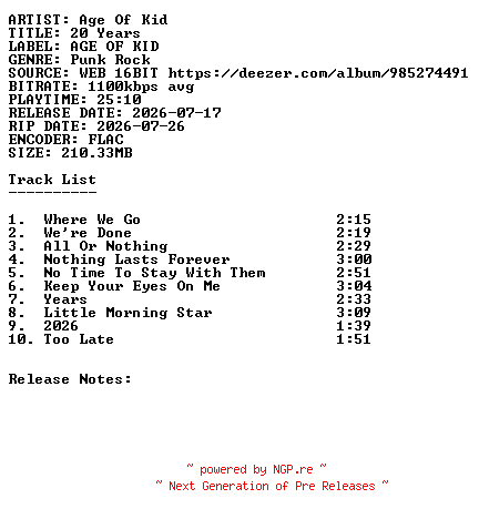 NFO for the release Age_Of_Kid-20_Years-16BIT-WEB-FLAC-2026-SDR by SDR