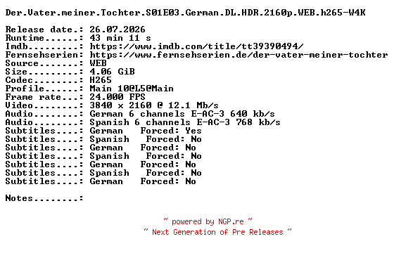 NFO for the release Der.Vater.meiner.Tochter.S01E03.German.DL.HDR.2160p.WEB.h265-W4K by W4K