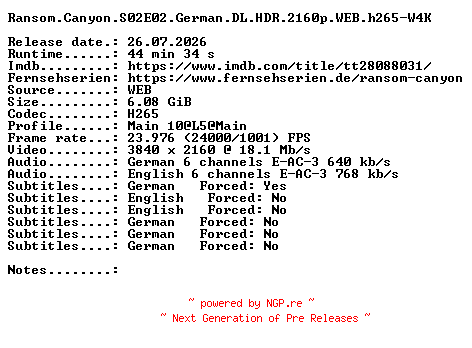 NFO for the release Ransom.Canyon.S02E02.German.DL.HDR.2160p.WEB.h265-W4K by W4K